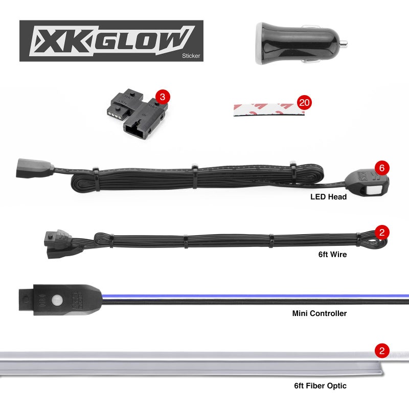 XKGLOW 6pc LED Head 2pc 6ft Fiber Optic Roll Light Kit XKchrome App Controlled Bluetooth Enabled Automotive Car Truck Dash Door Interior Architectural Home Indoor Accent Flexible w/Mounting Tab 5V Advanced - Image 2